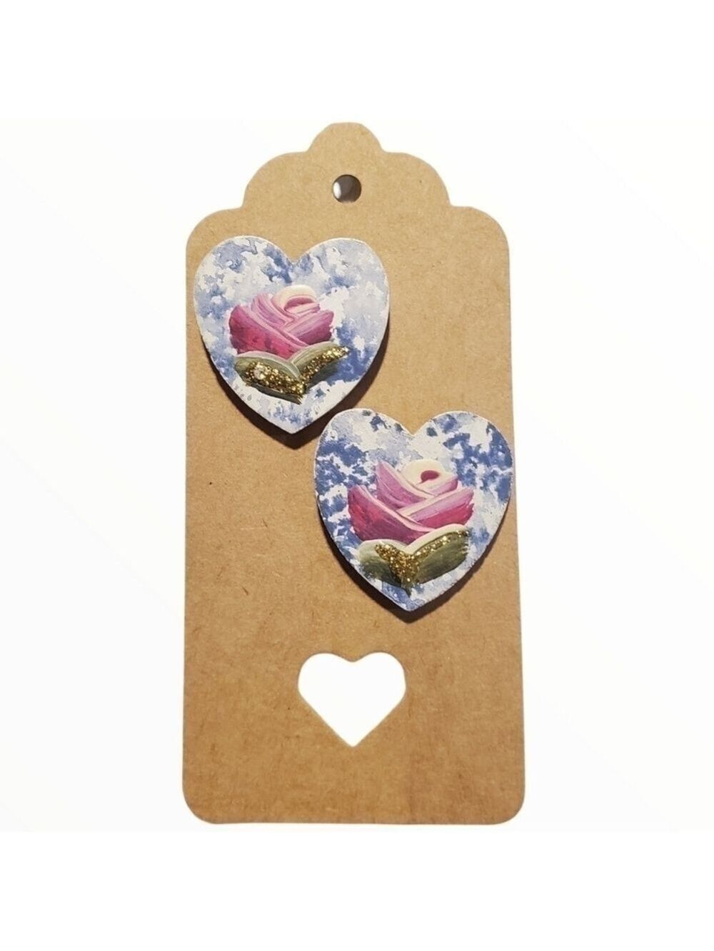 Vintage handpainted wood heart post earrings floral rose gold glitter